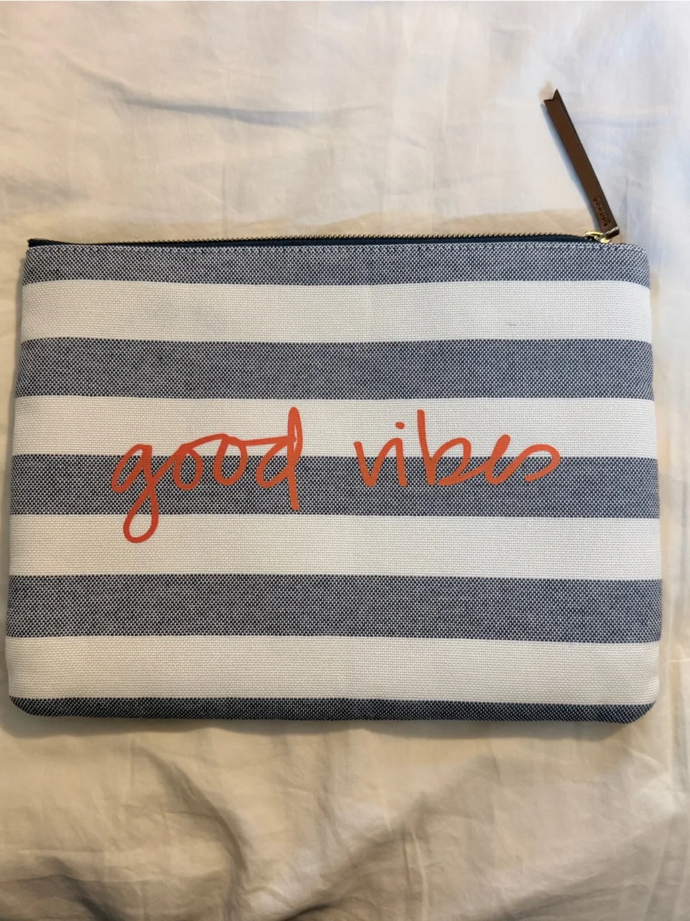 Stella & Dot Striped Canvas Zip Pouch with Coral Script